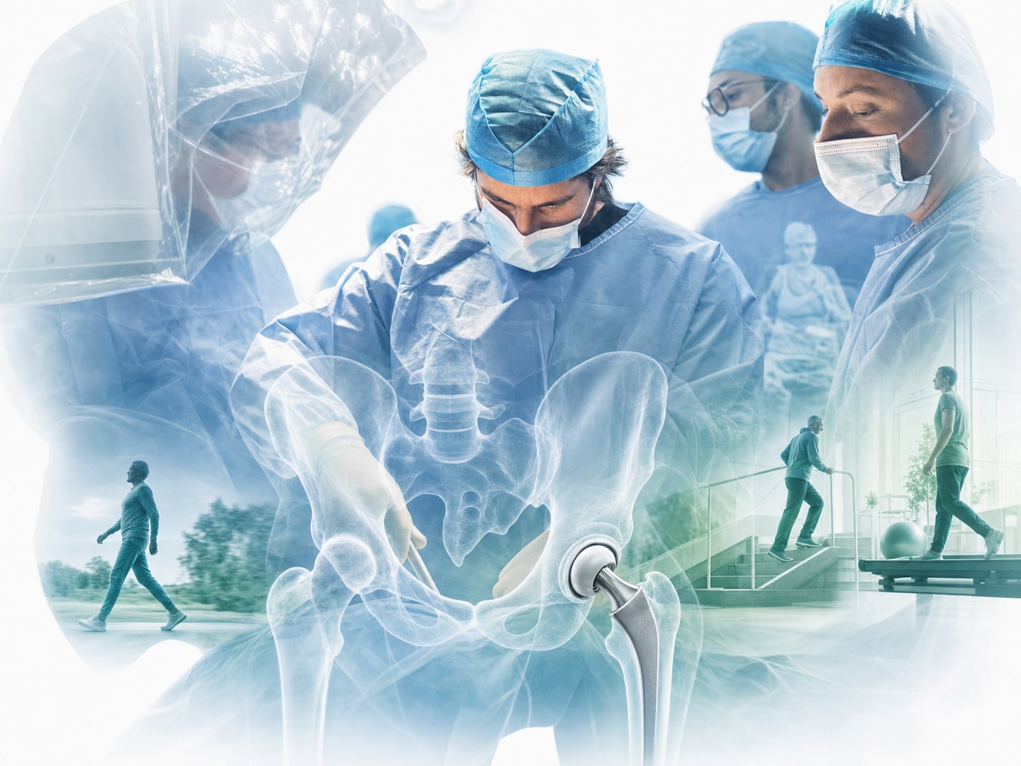 Equipo médico preparando una cirugía de cadera con abordaje anterior AMIS