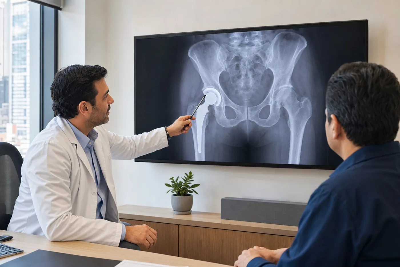 Especialista revisa una radiografía de pelvis