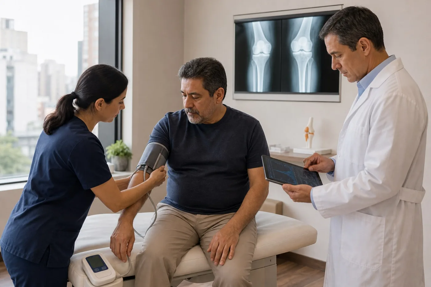 Especialista compara radiografías bilaterales de rodilla